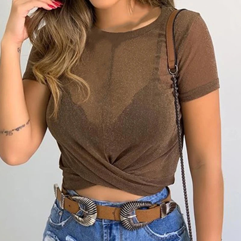 Summer Women's Sexy See Through Mesh Blouse Short Sleeve Transparent Shining Elegant Shirt Fashion Women Tops