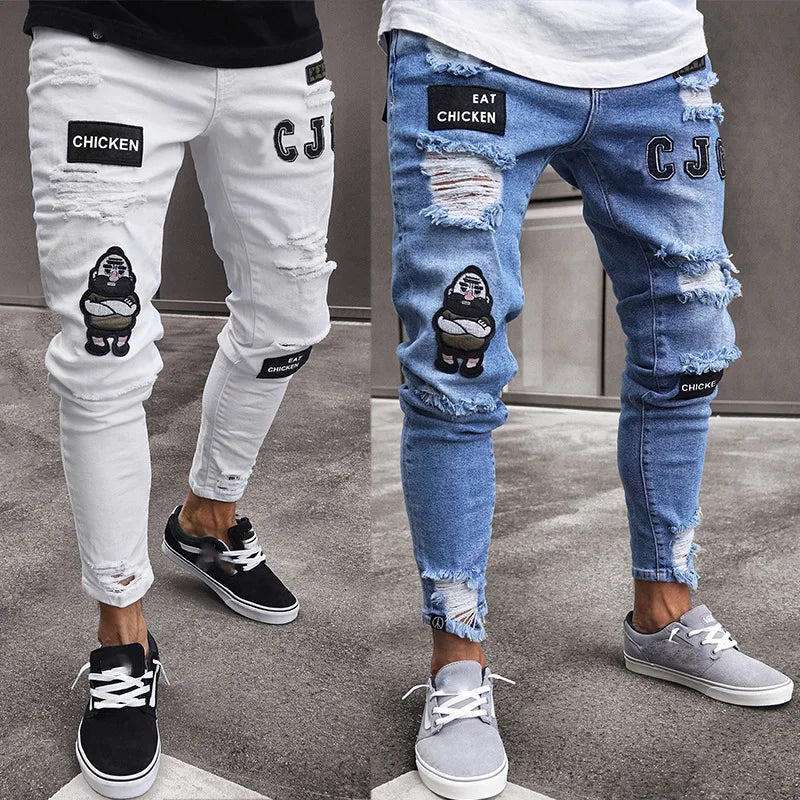 2025 Men Stylish Ripped Jeans Pants Biker Slim Straight Hip Hop Frayed Denim Trousers New Fashion Skinny Jeans Men European Size