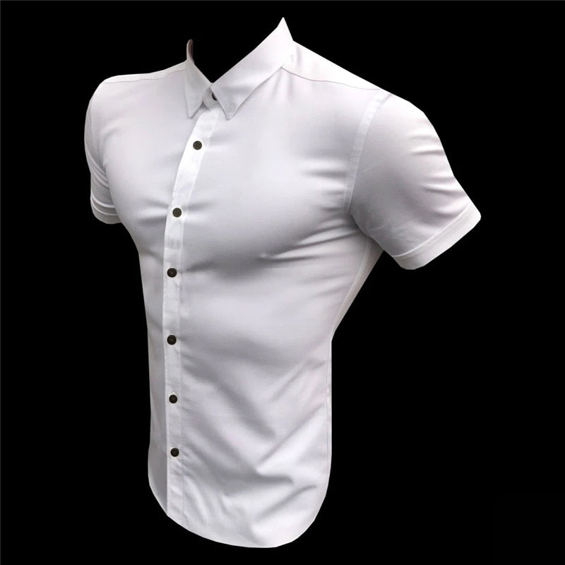 New Summer Men Fashion Short Sleeve Solid Shirt Slim Fit Male Social Business Dress