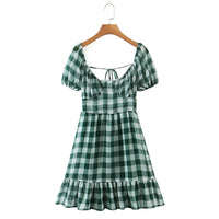 2022 Spring Ins French Vintage Folds Slim Square Collar Puff Sleeve Ruffle Plaid Print Sexy Backless Lace-Up Dress Women Vestido