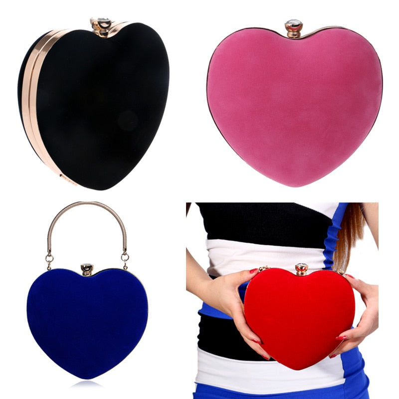 Red Heart Design Women Clutch Small Diamonds Golden Velvet Evening Bags Party Wedding Handbags Purse For Female