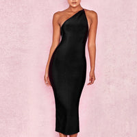 Women's Bandage Dress One Shoulder Midi Bodycon 2022 Summer Sexy Elegant Outfits Black White Rose Red Club Evening Party Dresses