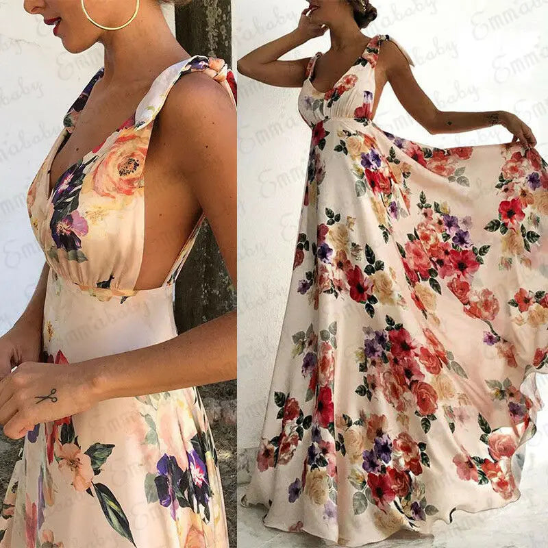 Women Boho Summer Floral Sleeveless V-Neck Backless Vintage Long Maxi Dress Ladies Party Evening Summer Beach Sundress