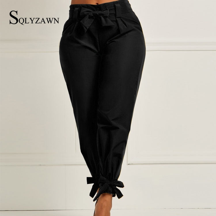 Women Summer Solid Color Harem Pants with Waist Belt Bowtie Solid Trousers Ladies Casual Fashion Fashion Clothing Streetwear