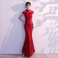 Lace Mermaid Chinese Style Lady Cheongsam Long Tight Elegant Dress Big Size 3XL Vestidso Vintage Red Bride Wedding Qipao S-203