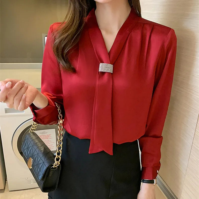 Korean Women Shirts Chiffon Blouses for Women Long Sleeve Shirts Tops Woman Ribbon Blouse Tops Fashion Woman Bow Tie Shirt XXL