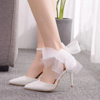 Crystal Queen Woman Satin Stiletto Elegant Ankle Strap Party Bow-knot Sandals Sexy High Heels White Wedding Shoes