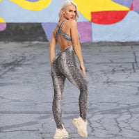 Sexy Leopard Snakeskin Backless Women Sport Bodysuits Backcross Sleeveless Overalls For Women Female Jumpsuit Fitness Gym Leggin