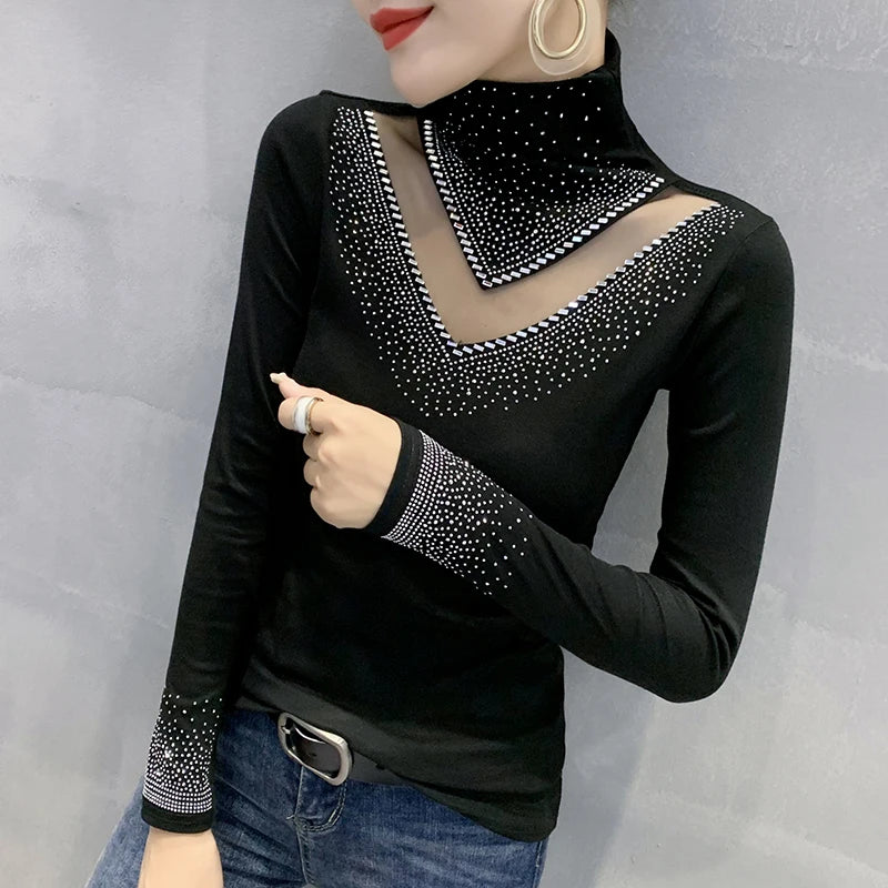 New 2025 Spring Autumn Long Sleeve T-Shirt Fashion Casual Turtleneck Diamond Woman Tee Elegant Slim Women's Tops Blusas