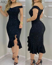 Women Sexy Shiny Rhinestone Embellished Off Shoulder Bodycon Dress