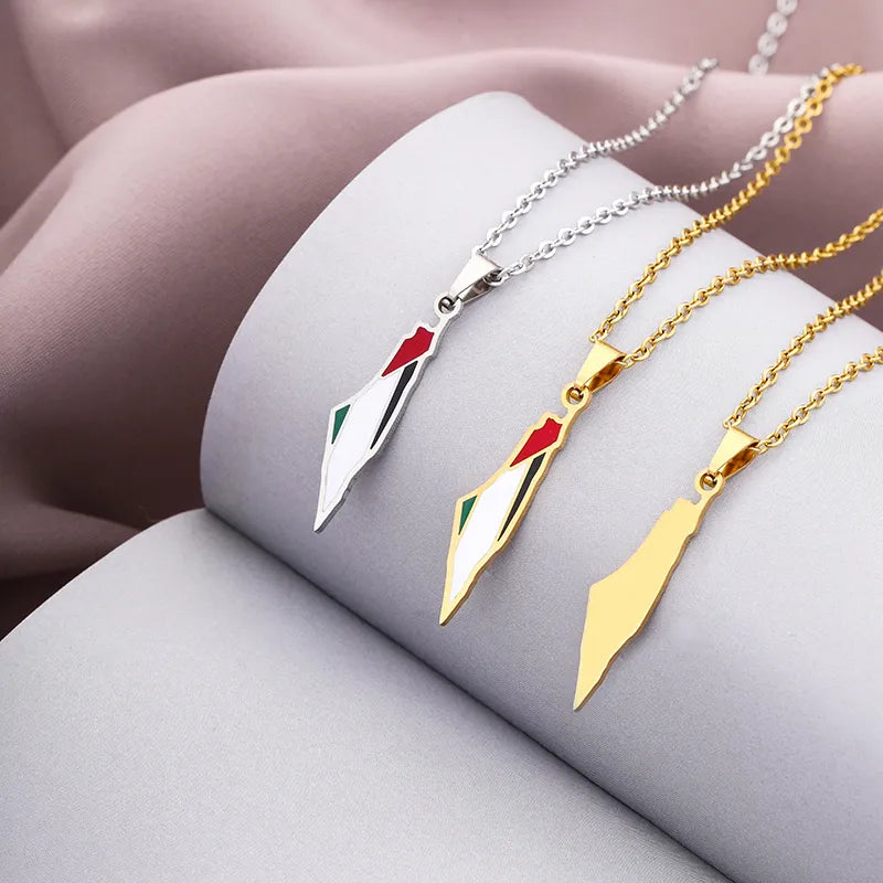 Palestine Israel Map Falg Pendant Necklaces For Men Women Stainless steel Gold Color Palestinians Ethnic Map Jewelry Gifts