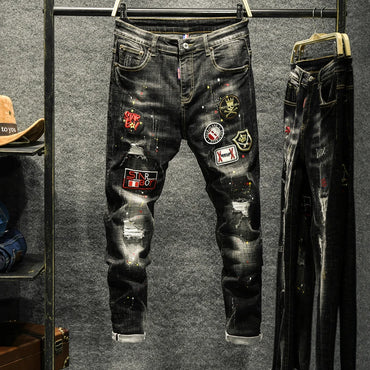 New style personality ripped jeans men's male Korean style trendy fashion paint dot splash ink design slim print pants trousers
