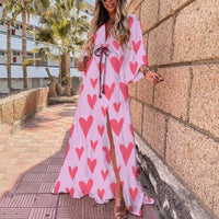 Elegant Deep V Neck Printing Hem Maxi Dresses Women Casual Button Elastic Waist Long Party Dress Summer Loose Slit Beach Dress