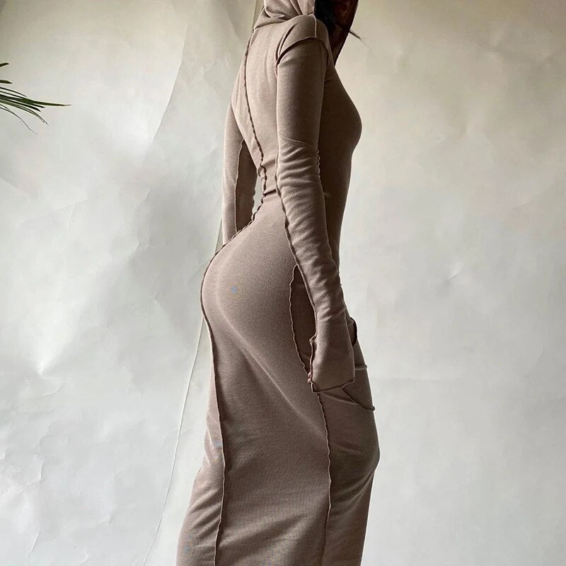 2023 Long Sleeve Hooded Patchwork Skinny Maxi Dress Autumn Winter Women Fashion Streetwear Casual Outfits