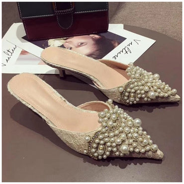 SUOJIALUN Women Designer Slipper Slides Ladies Brand Luxury Slippers Women Dress Mules Shoes Low Heel Pointed Toe Pearl Slippers