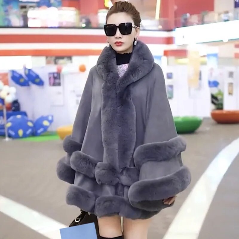 Double Layer Luxury Imitated Rex Rabbit Fur Cape Coat Hooded Shawl Winter Women Knit Poncho Overcoat Faux Fur Wraps Big