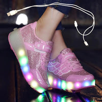 USB Charging Children Roller Skate Casual Shoes Boys Girl Automatic Jazzy LED Lighted Flashing Kids Glowing Sneakers with Wheels