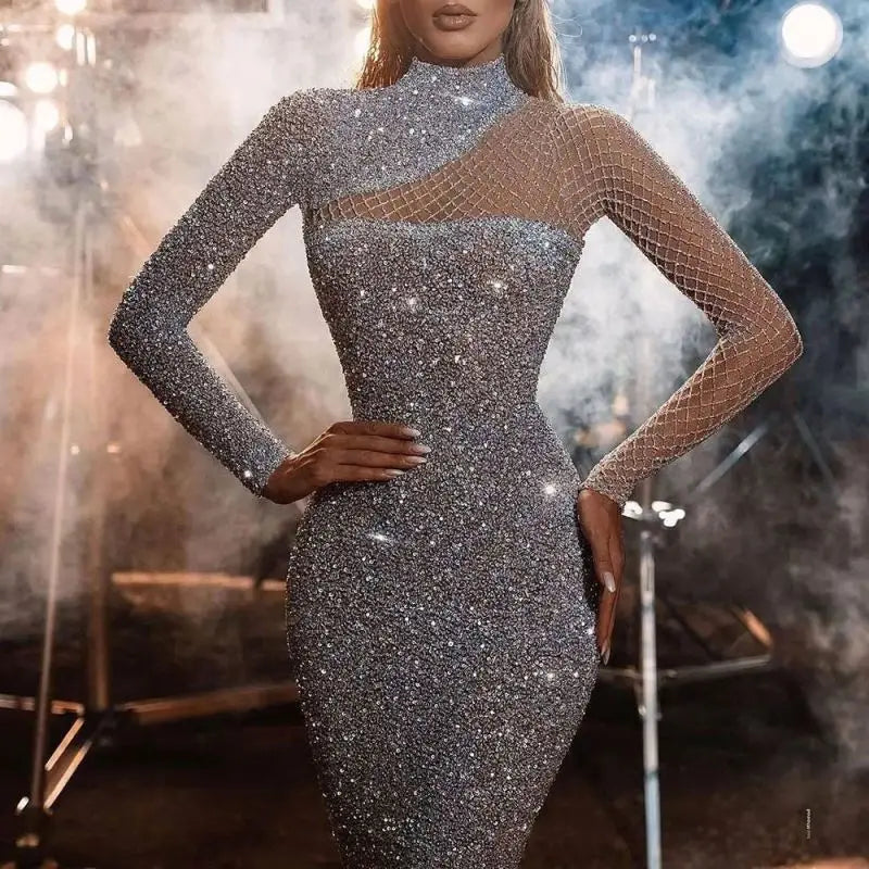 New Women's Satin Hollow Strapless Dress Round Neck Slim Temperament S-Shaped Sequin Crocheted Floor-Length Striped Pattern