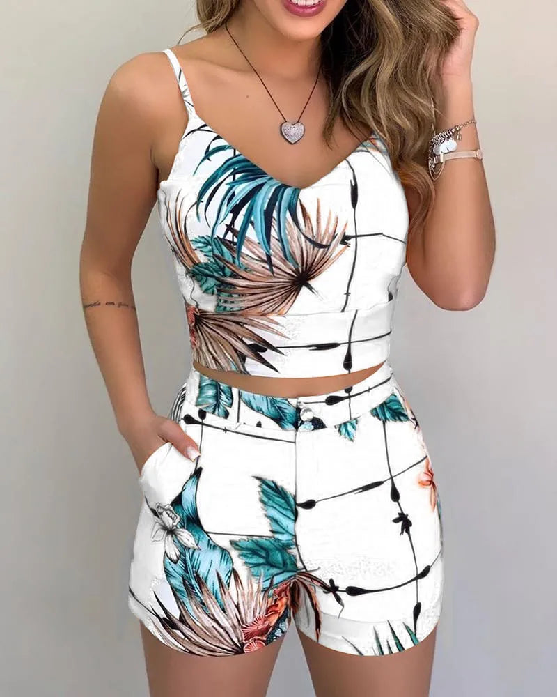 hirigin Women Shorts Suits 2Pieces Sets Summer Office Lady Floral Strap Tank Crop Top+High Waist Button Shorts Female Outfits