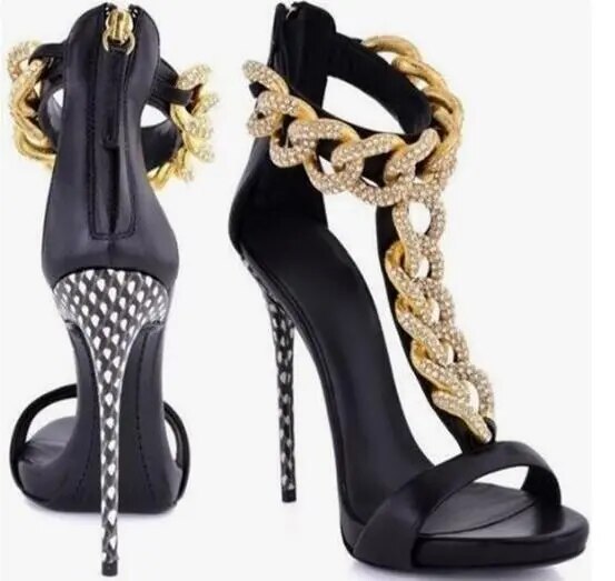 Sexy T-Strap Gold Metal Chain High Heel Sandals Studded Gladiator Heels Sandals Women Peep Toe Cut-out Shoes Black Plus Size