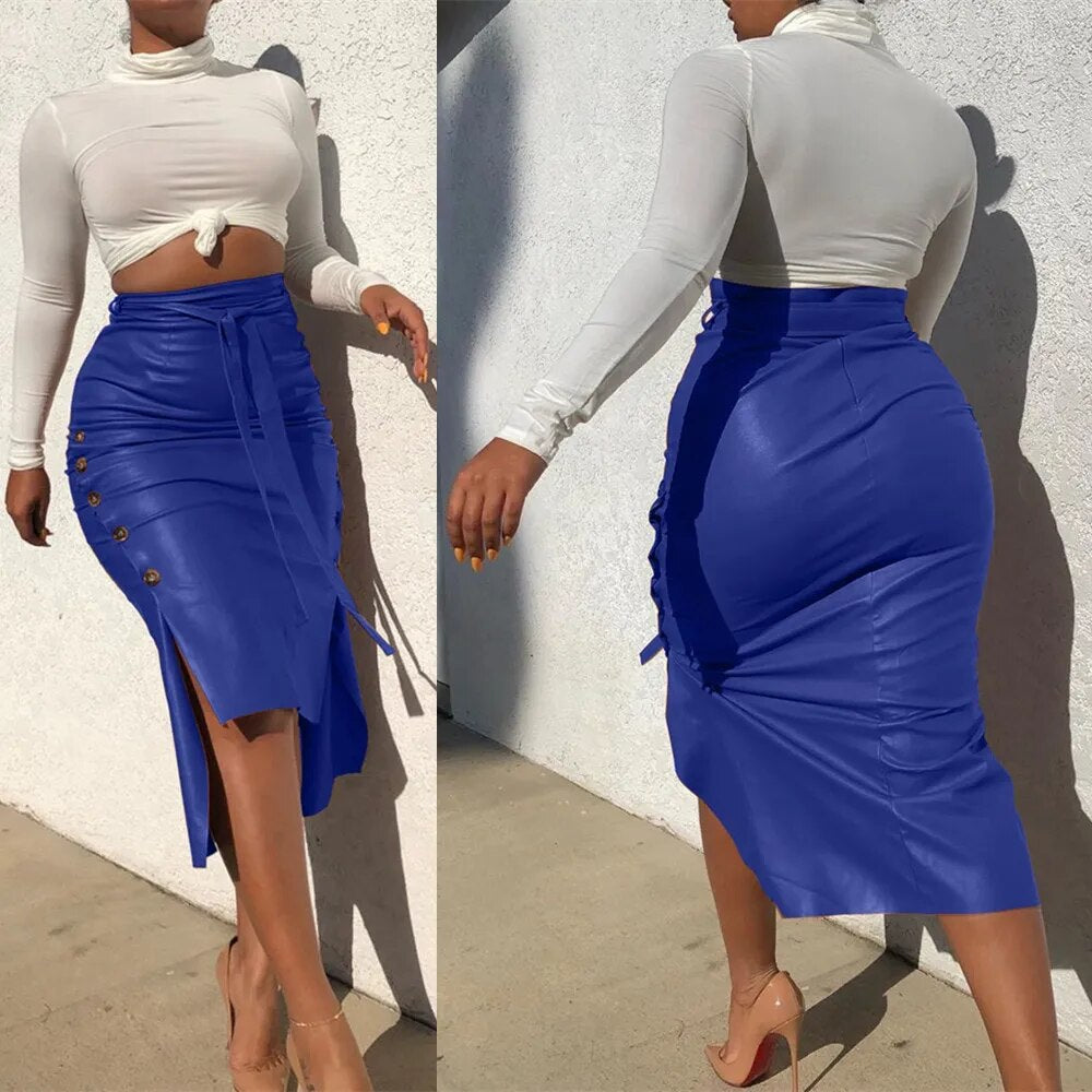 BKLD 2020 New Fashion Autumn Sexy Side Slit Button Midi Skirt High Waist PU Faux Leather Skirt With Belt Office Lady Style Skirt