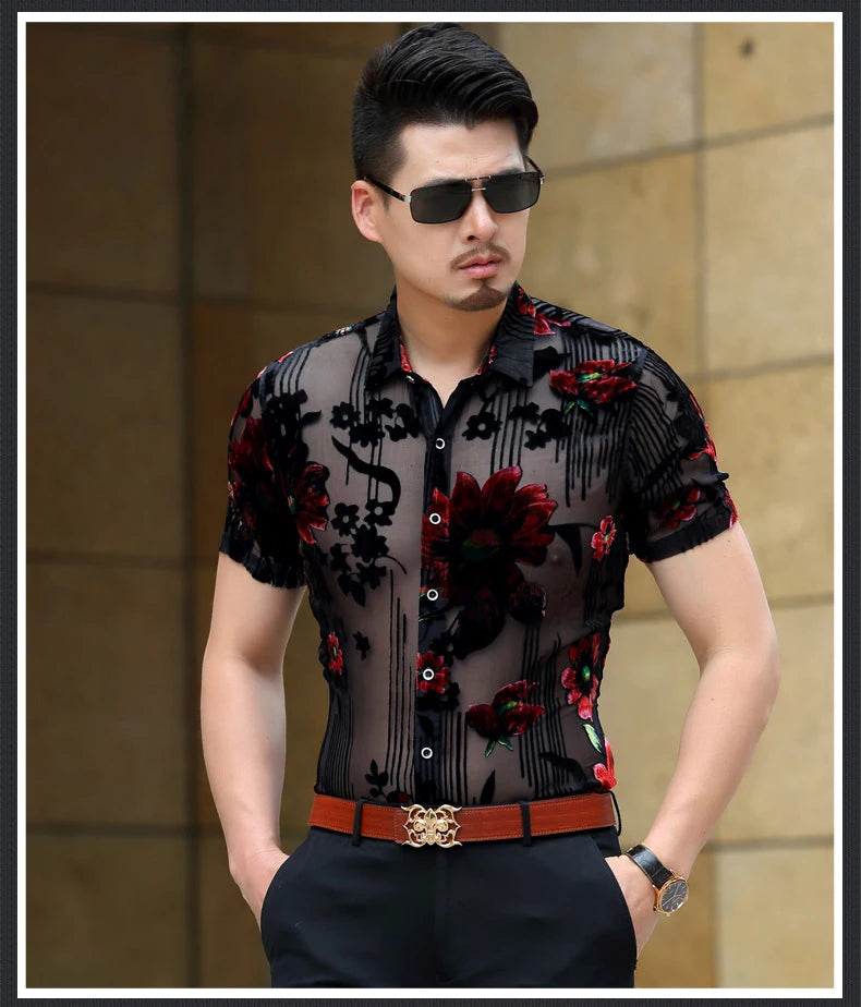 Men Club Party 2019 New DJ Prom Shirt Short Sleeve Chemise Homme Transparent Flower Velvet Shirt Men See Through Lace Shirt