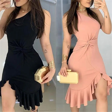 2020 Women Fashion Elegant Lady Dress Party Sweet Workwear Dress Casual One Shoulder Waist Twisted Ruffles Hem Dress