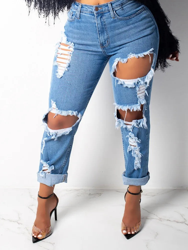 New Sexy Mid Waist boyfriend jeans for women Vintage Denim Pants Hole Destroyed Pencil Pants Casual Trousers summer Ripped Jeans