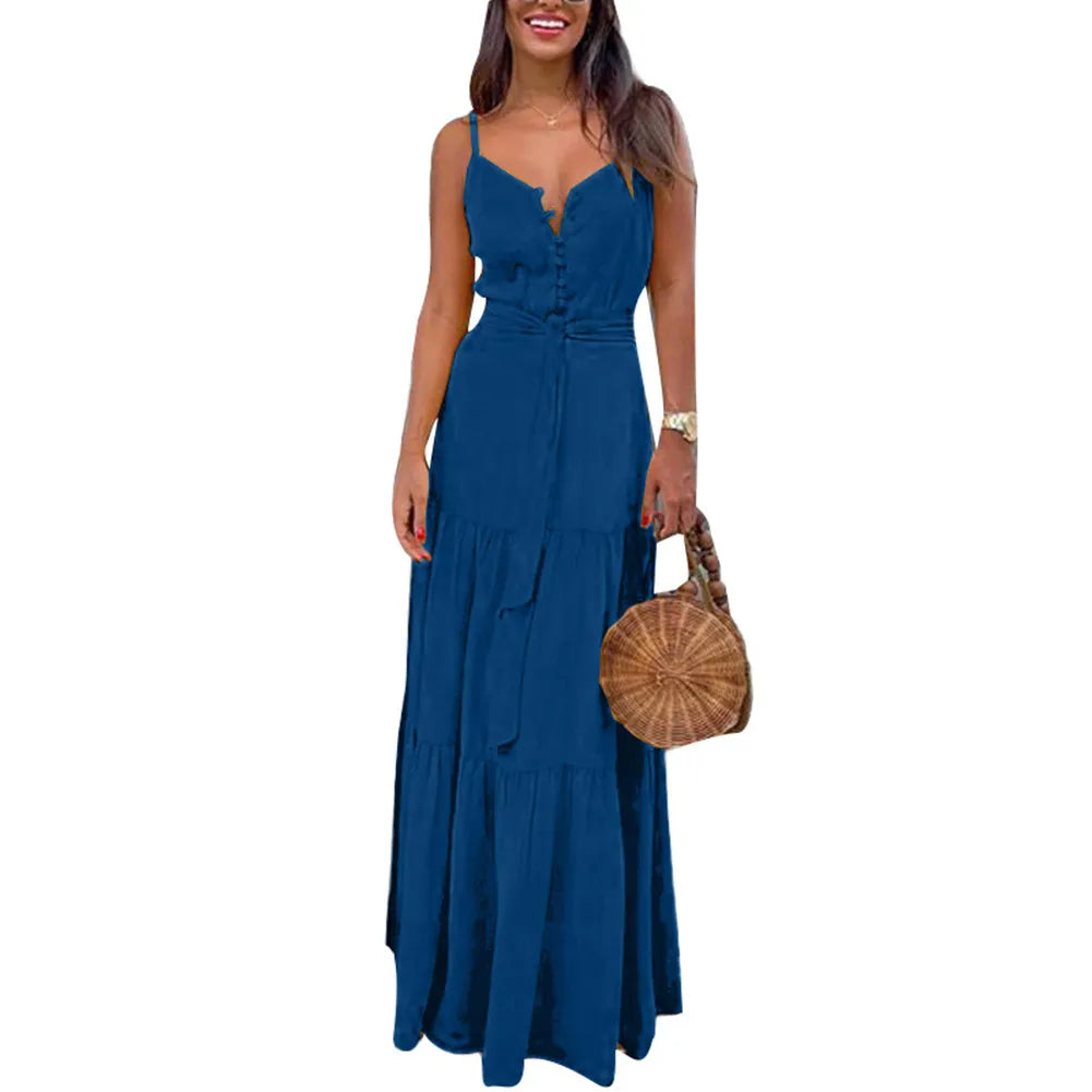 dress Sexy Women Maxi Dress Bohemian Sleeveless Dresses Women V-neck Solid Sleeveless Belted Maxi dresses for women