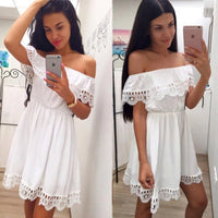 Soolasea Fashion Women Elegant Vintage Sweet Lace White Dress Sexy Slash Neck Casual Slim Beach Summer Sundress Female Vestidos