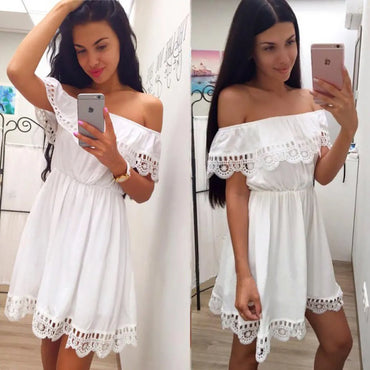 Soolasea Fashion Women Elegant Vintage Sweet Lace White Dress Sexy Slash Neck Casual Slim Beach Summer Sundress Female Vestidos