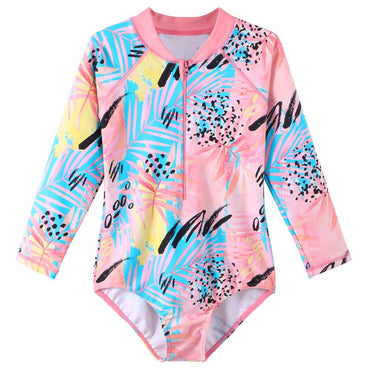 BAOHULU Navy Floral Girls Swimwear Kids Long Sleeve One Piece Beach Swimming Suit