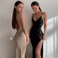 Summer Women Satin Silky Spaghetti Strap Split Long Dress Elegant Sleeveless Backless Club Party Beach Sexy Vestito 2021