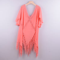 CROCHET BIKINI Backless Cover Up With Tassels Sexy V-neck Halter Beach Dress Women Summer Bathing Suit Beachwear