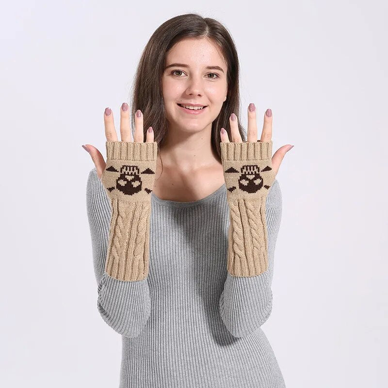 Winter Women Warm Cute Cartoon Skull Fingerless Sleeves Mittens Female Acrylic Stretch Knit Half Finger Arm Warmers Gloves C83