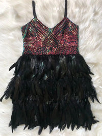 High Quality Black Sequined Feathers Rayon Bandage Dress Elegant Night Club Party Dress Vestidos