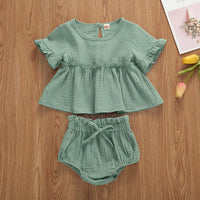 2pcs Newborn Infant Baby Girls Clothes Sets Cute Cotton Soft Solid Ruffles Short Sleeve T Shirts Tops+Shorts Outfits Suit