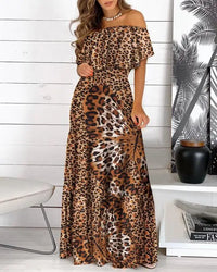 2022 New Fashion Leopard Robe Print Long Dress Ruffle Maxi Sundress Bohemian Women Summer Sexy Casual Elegant Strapless Vestidos