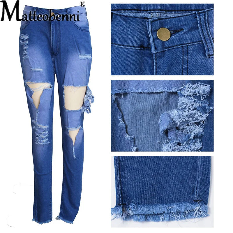 2021 Fashion Sexy Stretch Slim Denim Pant Women's High Waist Zipper Fly Casual Big Hole Skinny Bottom Streetwear Pencil Jeans