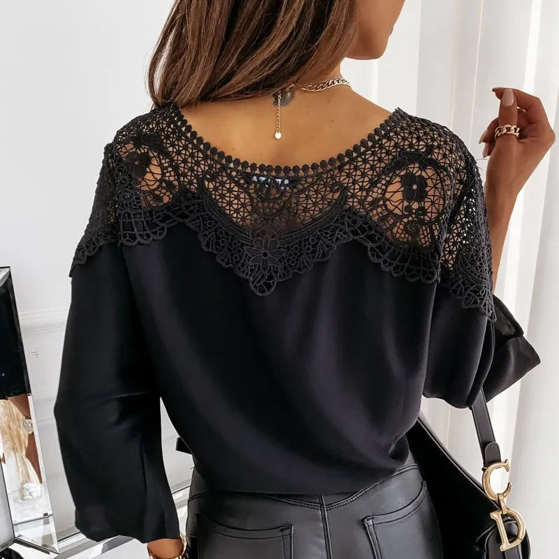 New Crochet Embroidery Lace Blouses Women Autumn Sexy Lace Stitching White Shirts Vintage Elegant Ladies Tops Blusas 12459