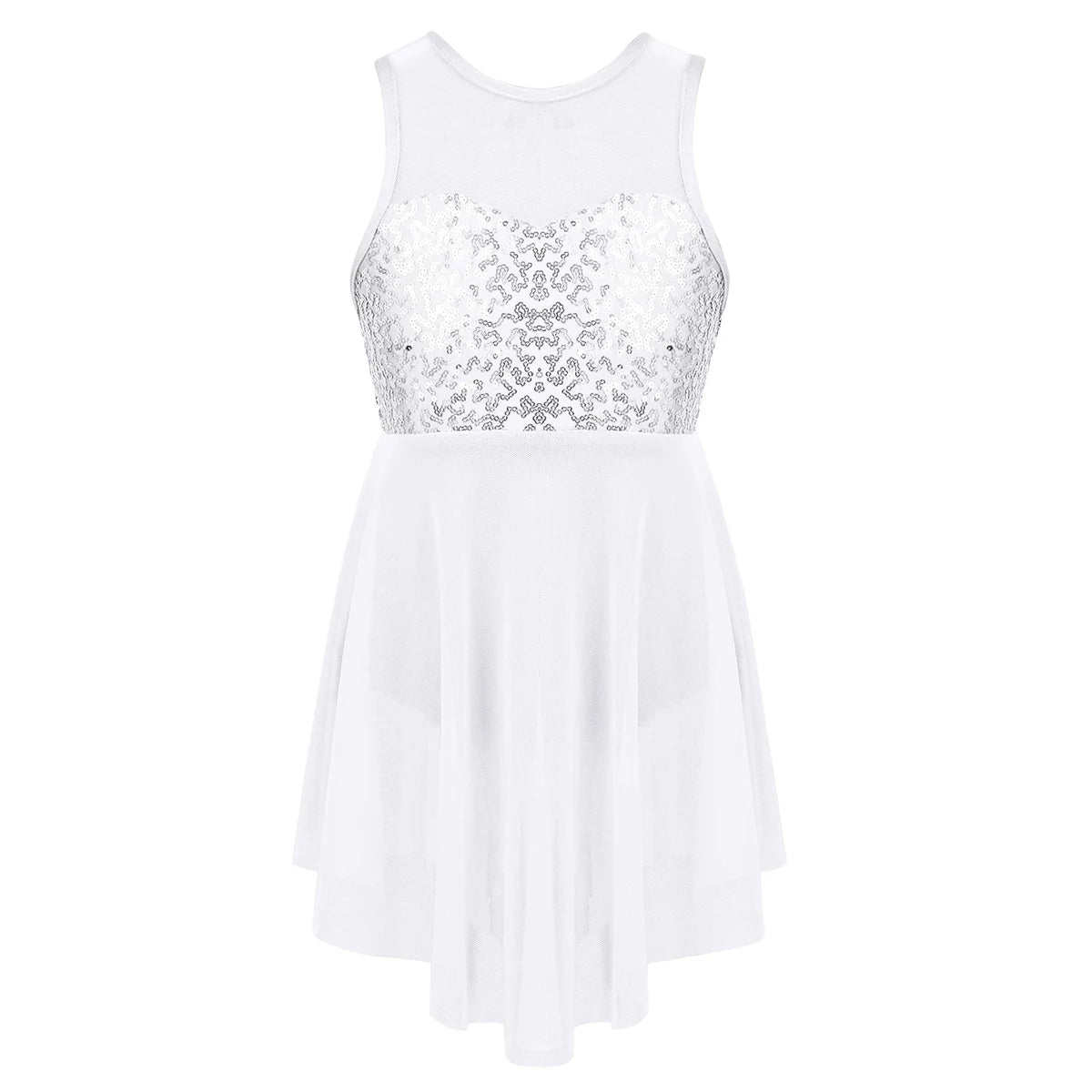 Girls Shiny Rhinestone Jazz Ballet Dance Dress Decorated Collar Sequins Mesh Tassel Hem Dance Leotards Dance Performance Dress