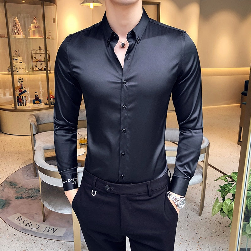 Neckline Embroidery Mens Shirts Long Sleeve Casual Slim Fit Men Dress Shirts Solid Color Formal Business Social Clothing Blouse