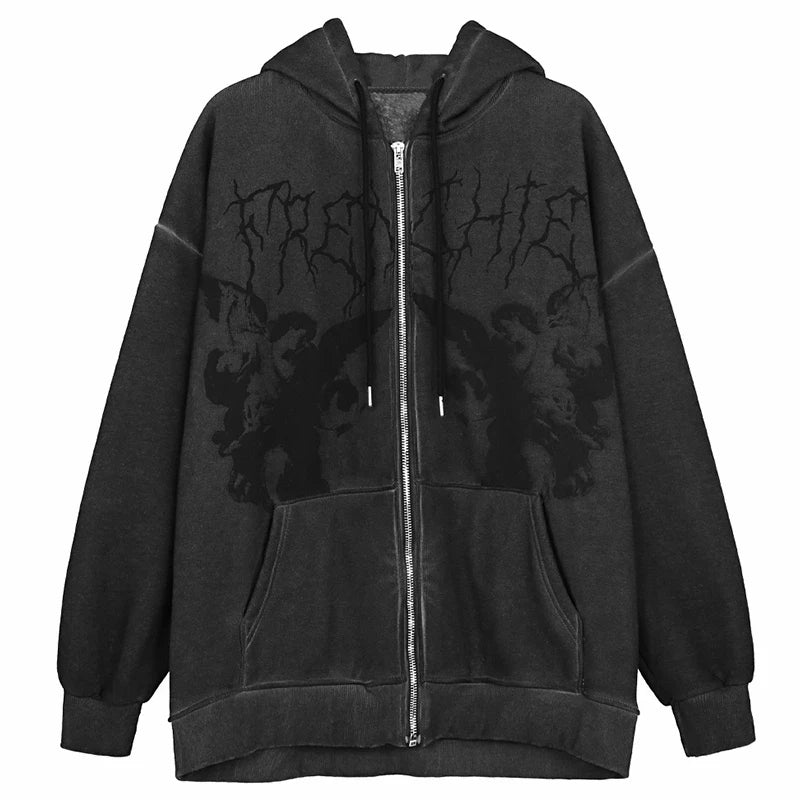 Hip Hop Streetwear kadınlar Hoodies Hoodies melek koyu baskı fermuarlı ceket ceket Harajuku Y2K kapşonlu üst giysi erkekler kadınlar Punk dış giyim
