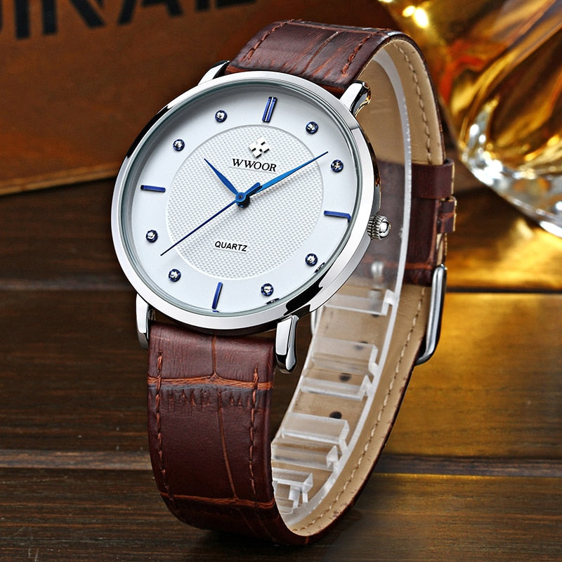 WWOOR Clearance Best Selling Men Quartz Wristwatches Luxury Brand Fashion Slim Watch Gift For Men Waterproof Brown Leather Watch