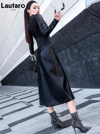 Lautaro Spring black maxi leather dress women long sleeve zipper corset Long tight dress Faux Leather dresses for women 2022