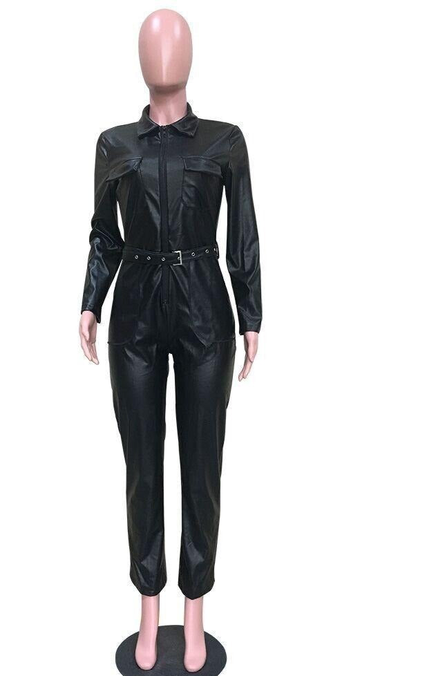 Sexy Women Turn Down Collar Faux Leather Jumpsuit Long Sleeve Outfit