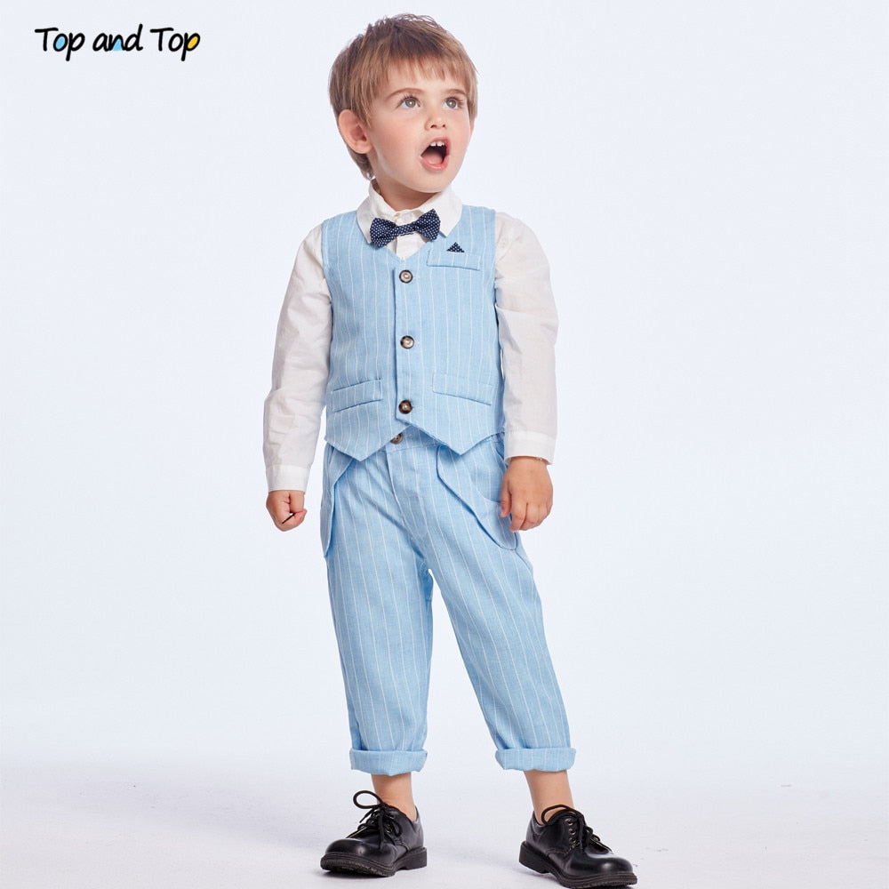 Top and Top Spring&Autumn Baby Boy Gentleman Suit White Shirt with Bow Tie+Striped Vest+Trousers 3Pcs Formal Kids Clothes Set