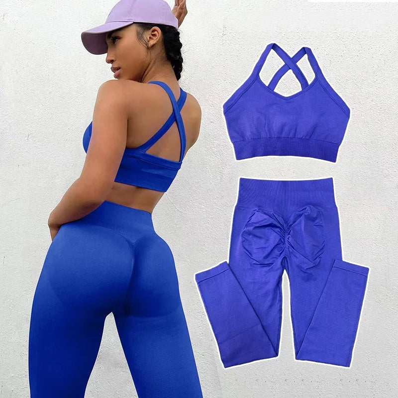Women Seamless Suit Sportswear Sport Bra and Pants Booty Scrunch Tights Yoga Clothes High Elastic Gym Set Fitness Workout