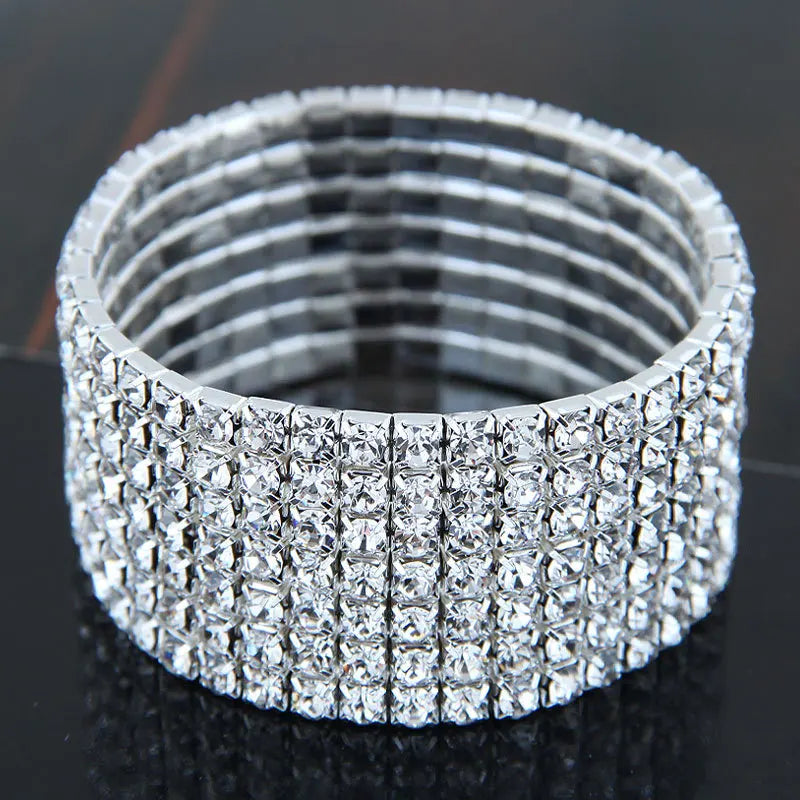 TREAZY 1-10 Rows Rhinestones Bridal Wedding Bangles Gold/Silver Color Crystal Stretch Bracelet Women Wristband Elastic Jewelry