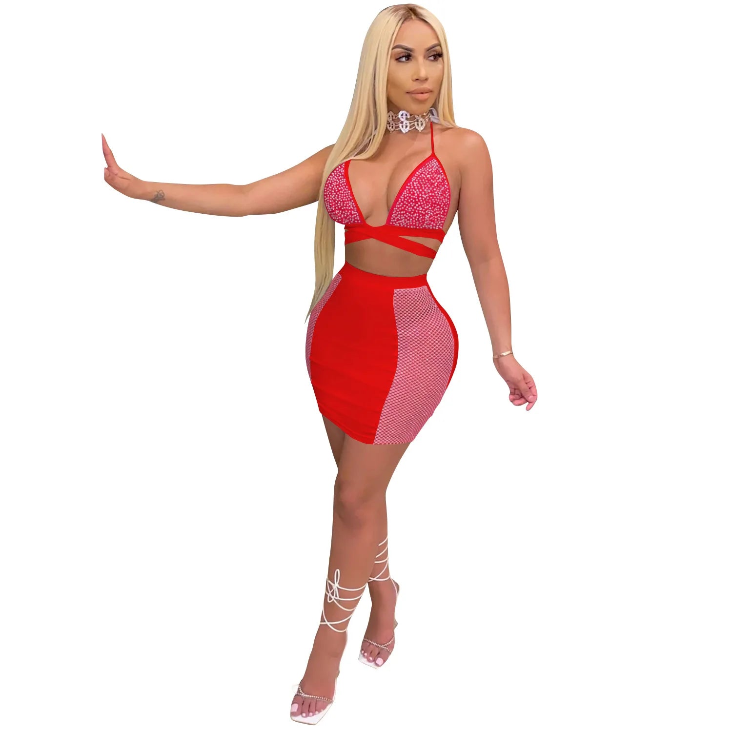 2 piece club dress Zoctuo Sexy Rhinestones Diamond 2 Pieces Sets Women Club Party Two Pie – Mega Mart Center